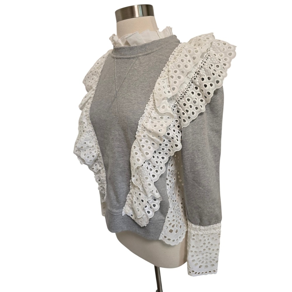 Sea New York Grey Eyelet Lace Ruffle Sweatshirt Mixed Media Top Small